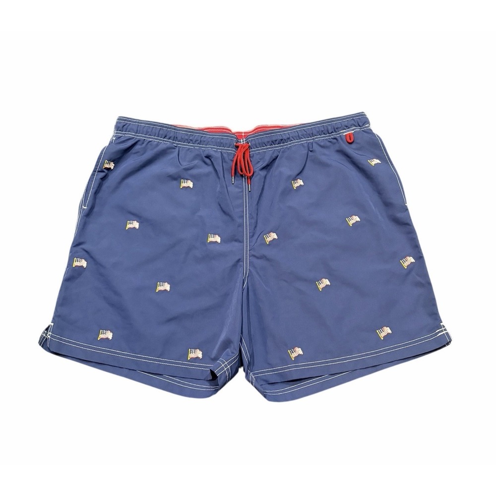 Lands‎ End Swim Trunks Mens XXL Blue Embroidered Patriotic American Flags Lined